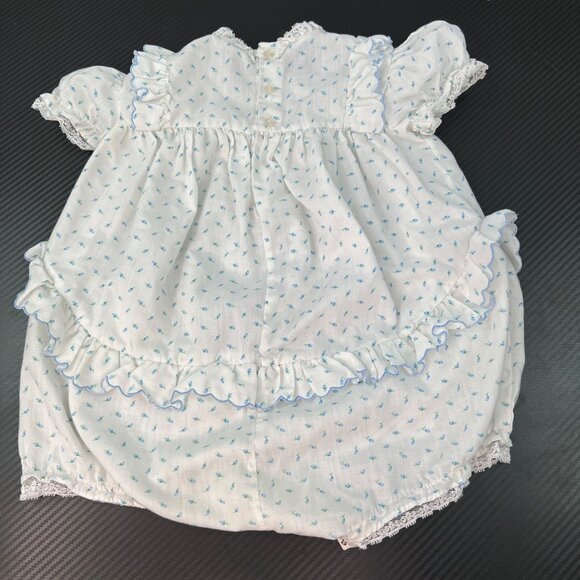 VTG Nannette Infant Girl Ruffle Romper One Piece Size L Made in USA Blue White - Picture 7 of 14